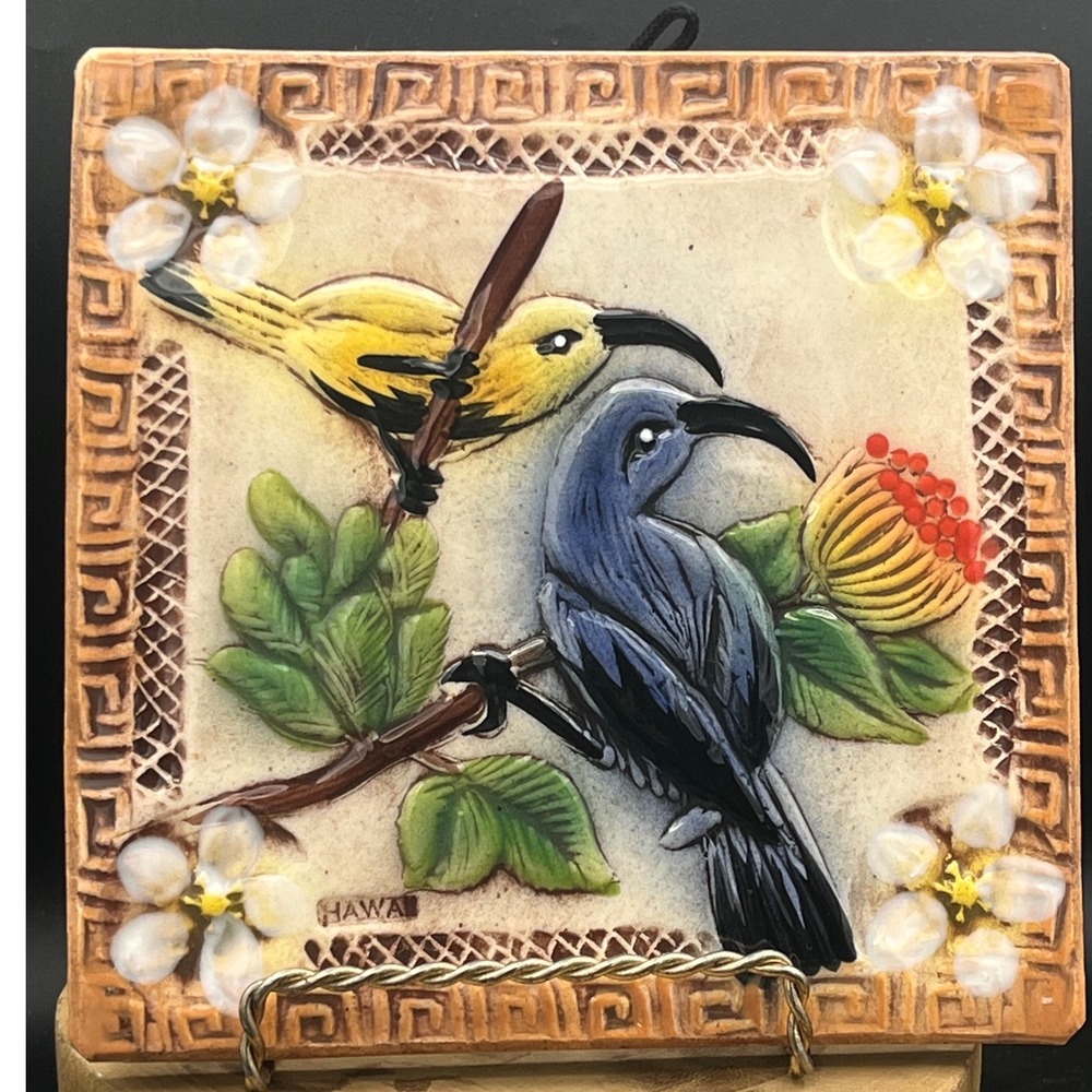 Kani of Hawaii Handmade Kona Ceramic Art Tile Tropical Birds Relief 6x6 Wall Art